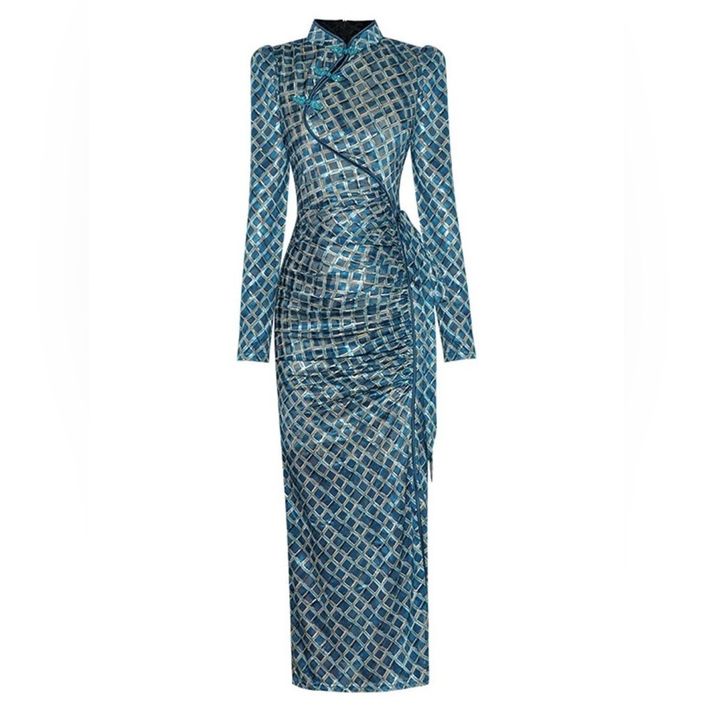 Elegant Blue Wedding Guest Gown Women Geometric Dress Size Small